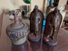 (UPOFC) PAIR OF CARVED WOODEN FISHERMAN BOOKENDS 4-1/2"W X 5"D X 10-1/2"T & A HANDMADE LIVE EDGE