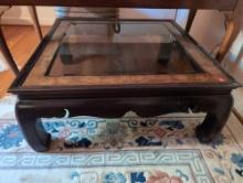 (UPOFC) VINTAGE MING STYLE SQUARE GLASS TOP WOOD COFFEE TABLE. IT MEASURES 38-1/2"W X 38-1/2"D X