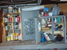(GAR) LARGE LOT OF MISCELLANEOUS ITEMS TO INCLUDE, OLD PAINT CAULK, BATTERIES, CABINET, ETC, SEE