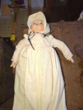 (GAR) Blue Eyed Porcelain Baby Doll with White Dress with Pink Accents, Approximately 18" Tall,