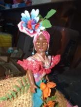 (GAR) Vintage Carnivale Doll Colorful Island Tropical Floral Blink Eyes. 9" W X (approx) 9" D X 10"