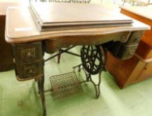 Oak Sewing Machine Table with Machine