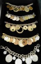 Tray Lot of 5 Vintage Costume Jewelry - Charm Bracelets - Coin