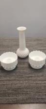 HOBNAIL MILK GLASS VASE AND CANDLE HOLDERS