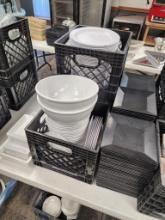Large Supply of Melamine Plates and Bowls, Mostly White, Some Black