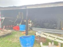 CONTENTS OF LEFT OF SHED: PIPE FITTINGS, PVC TUBING, SILT FENCE, MISC SUPPORT EQUIPMENT