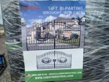 NEW GREATBEAR 14FT. BI-PARTING WROUGHT IRON GATE NEW SUPPORT EQUIPMENT With artwork "Deer" in the