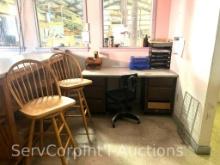 Lot in Check-Out Office of Wooden Desk, 2 Various Barstools, Chair, Plastic, Metal & Wood In/Out