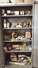 Lot of Tennsco 2-Door Metal Cabinet with Contents: Work Lights, Rope, Electrical Cords, Caulk,