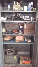 Lot of Metal 2-Door Cabinet with Contents: Pipe Benders, Fuses, Black & Decker 3/4" Drill, Sand