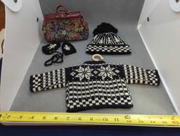 DOLL CLOTHES, HAT MITTENS SWEATER WITH BAG