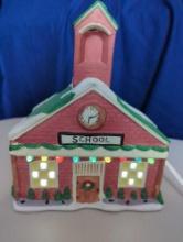 CHRISTMAS VILLAGE SCHOOL BUILDING. 8". DOES LIGHT UP.