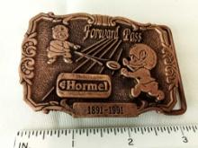 BELT BUCKLE HORMEL FORWARD PASS 1891-1991 FIRST NEW FEED PRODUCT OF ITS SECOND CENTURY