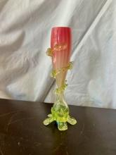 Pink  Glass Bud Vase with Uranium Glass Frill      F