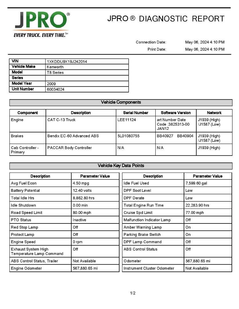 2009 KENWORTH T800 Serial Number: 1XKDDU9X19J242014