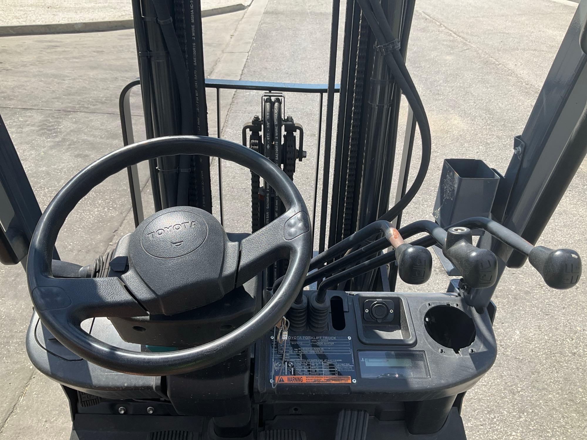 2019 TOYOTA FORKLIFT MODEL 8FGCU15, LP POWERED, APPROX MAX CAPACITY 2500, MAX HEIGHT 189in, TILT,