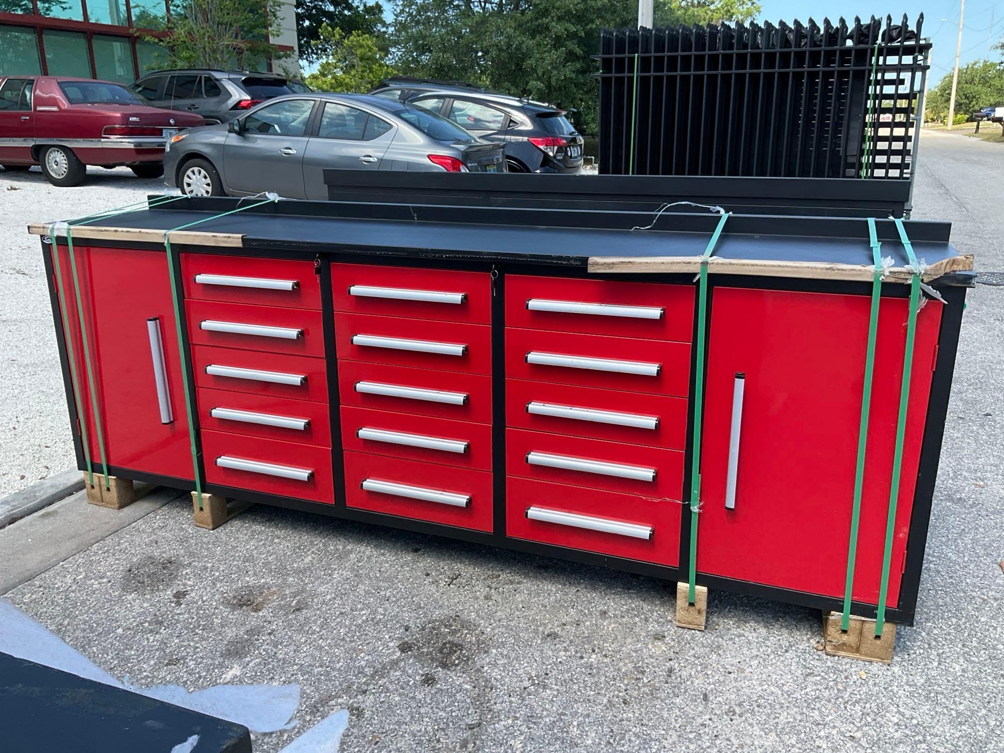 UNUSED CHERY STEELMAN WORK BENCH , 10FT, 15...DRAWERS, KEYS TO LOCK, ANIT-SLIP MAT, THREE RAIL SL...