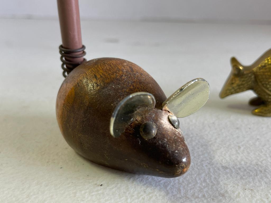 Vintage Brass Armadillo and Wooden Mouse Pen Holder