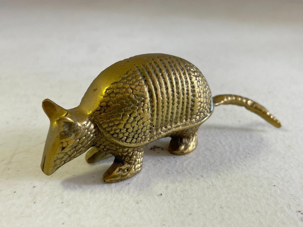 Vintage Brass Armadillo and Wooden Mouse Pen Holder