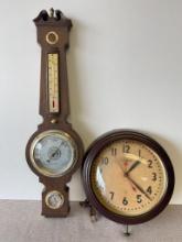 Vintage Barometer/Thermometer and Clock (Damaged)