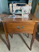 Vintage White Sewing Machine in Cabinet