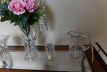 CONTENTS OF TABLE INCLUDING VASE PITCHERS AND FLOWERS