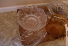 BOX OF PRESSED GLASS SERVING BOWLS AND DISHES AND HANDLED BASKET
