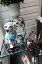 TWO WIRE PLANT STANDS WITH DALMATION FIGURINE METAL ART BIRD