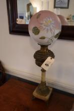 ANTIQUE CONVERTED OIL LAMP WITH BRASS AND MARBLE BASE AND PEDESTAL WITH EMB