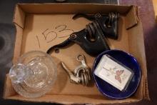 BOX WITH THREE NOTARY SEALS AND FOOTED GLASS BOWL AND MORE