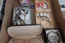 BOX LOT COSTUME JEWELRY INCLUDING WATCHES BRACELETS MINIATURE JEWELRY BOXES