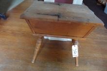 DOUGH BOX END TABLE WITH CONTENTS OF SEWING BOX AND OLD NEWSPAPER ARTICLES