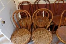 SET OF 4 BENTWOOD CHAIRS WITH BASKET WEAVE BOTTOMS ONE WITH DAMAGE