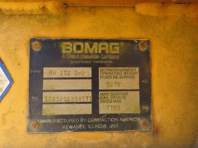 1996 BOMAG Model BW172D-2 Vibratory Compactor, s/n 10952012457T, powered by Deutz 4 cylinder air