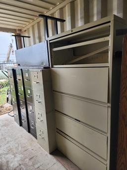(4) 4 Drawer Metal File Cabinets, (3) Desks, (1) Lateral 5-Drawer Steel Cabinet