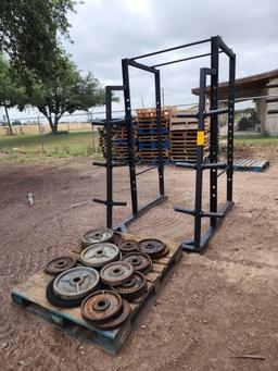 Commercial Gym Squat Rack, Group of Assorted Weights, (2) Weight Plate Racks