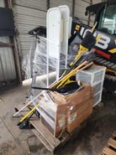 Group of Brooms, Rolling Table, Group of Boxes W/ Contents, 3 Clear Storage Drawer, Metal Storage,