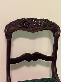Mahogany French Empire Style Carved Back Side Chair with Green Upholstered Seat