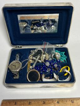 Small Silver Plated Jewelry Box Full of Various Jewelry & Jewelry Pieces