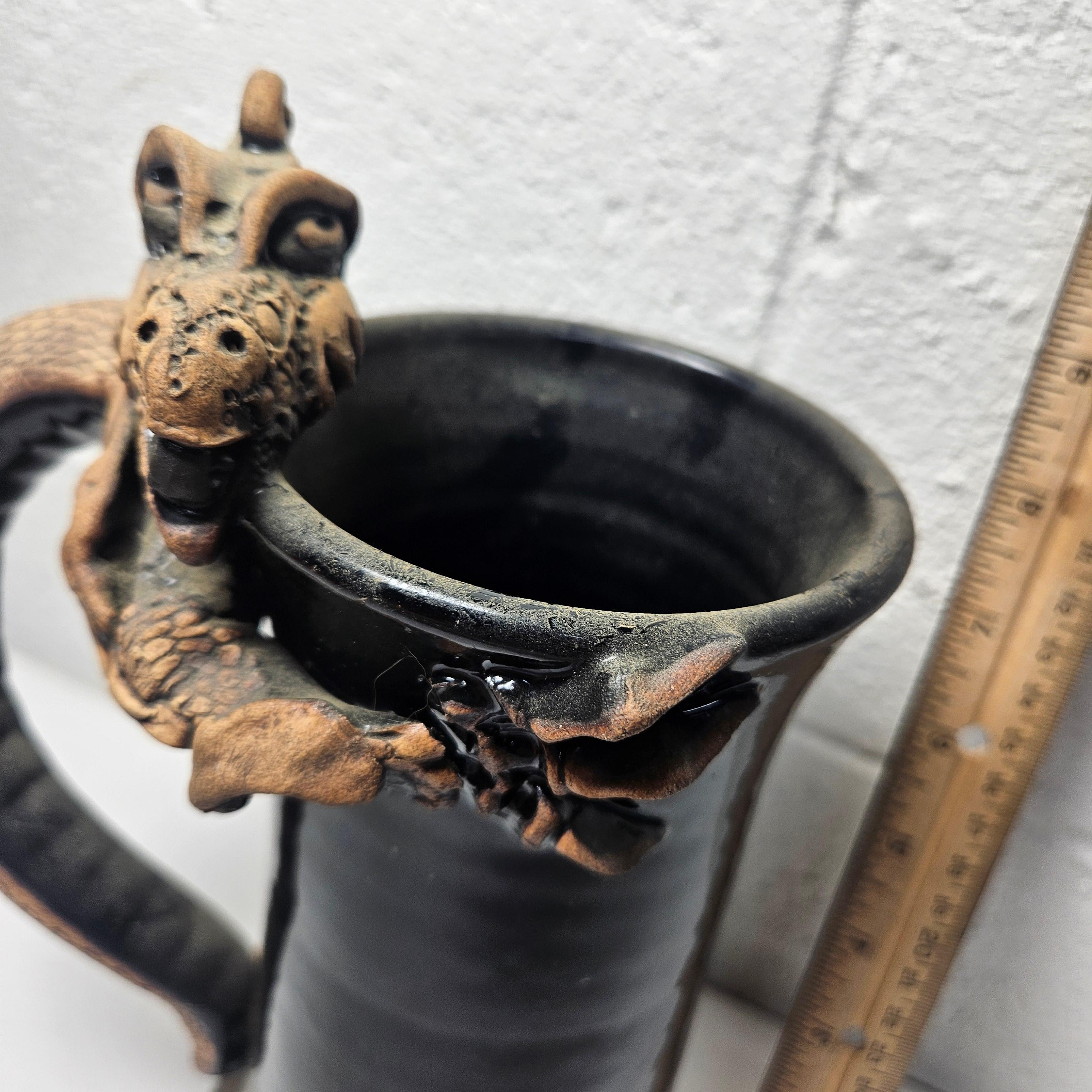 Signed Pottery Mug with Dragon Handle