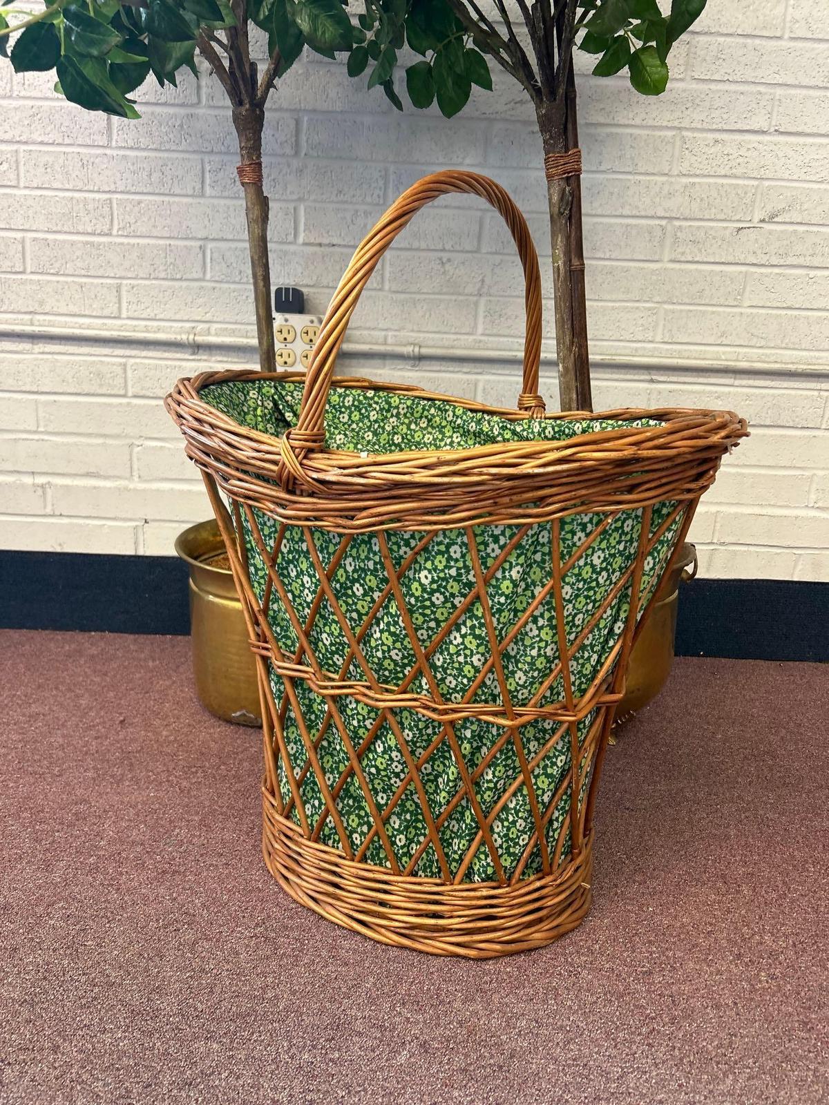 two matching plants with brass pots, large basket hamper
