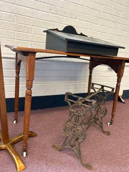 group of antiques, sewing table, iron fireside, bench, stencil, fliptop, halltree