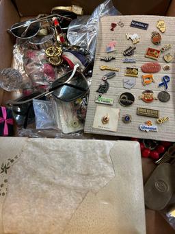 3 boxes of vintage jewelry, pens, glasses watches