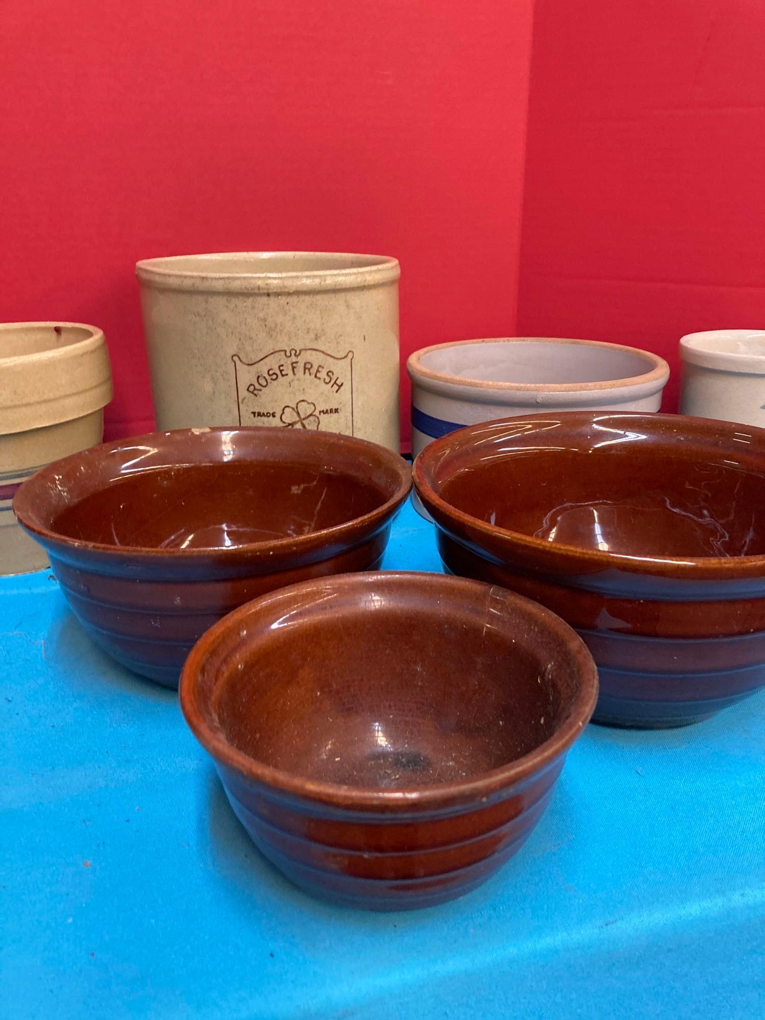 Crocks, planters, pottery bowls
