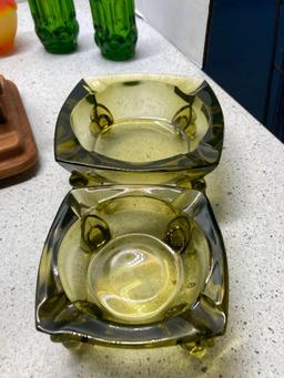 Amberina swung vase, aluminum glasses, mid century condiment set more