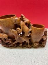Double vase soapstone monkeys and deer 8 inches wide