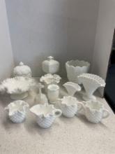 Lot of milk glass, including ruffled vases, Hobnail ruffled fan vases and more