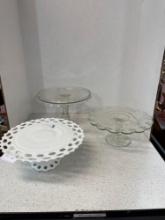 Two glass crystal cake stands, and one milk glass