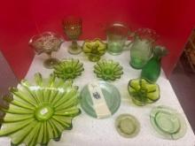 green depression glass measuring cup, glassware, colonial, and celestial bowl plates, vases, cups