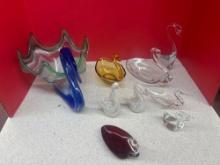 large and small art glass swan bowls Duncan miller style